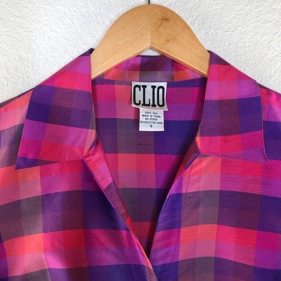 CLIO Vintage Retro 100% Silk Tartan Wrap Top Purple, Pink Size: Small - Picture 3 of 10